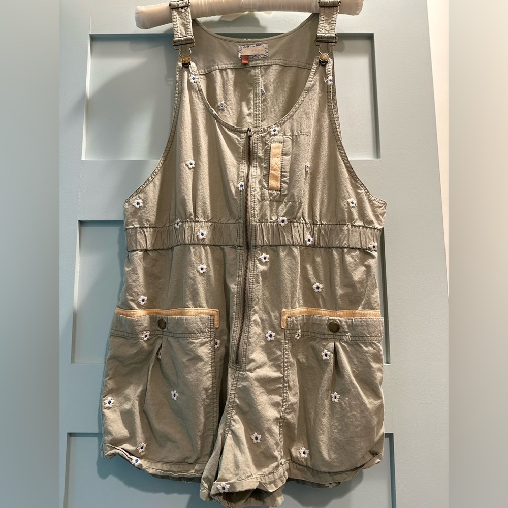 Pilcro Olive Green Floral Linen/Cotton Zip Up Jumpsuit